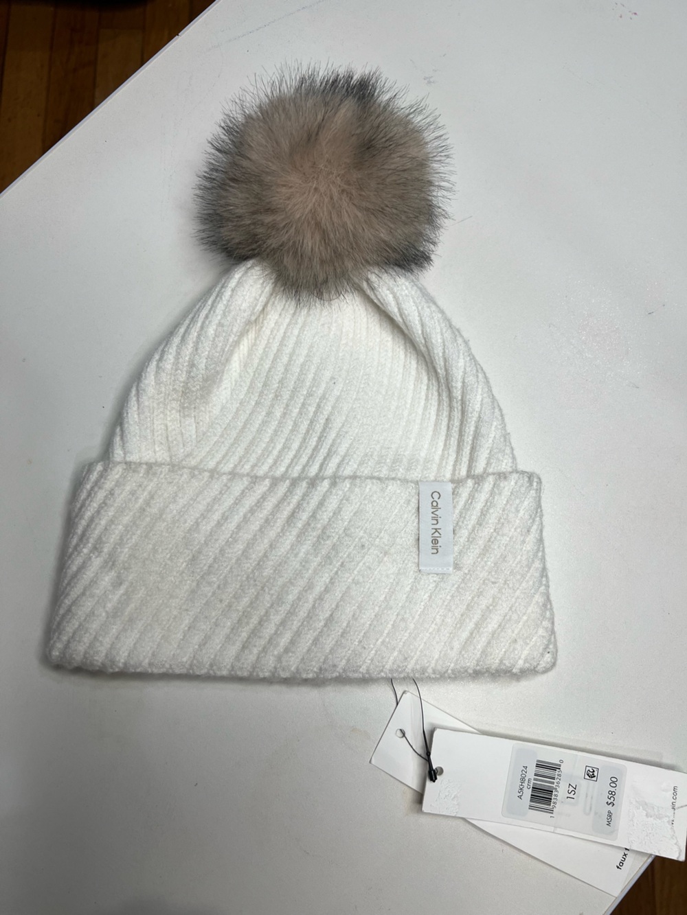 Calvin Klein Kids Cream Knit Beanie with Faux-Fur Pom